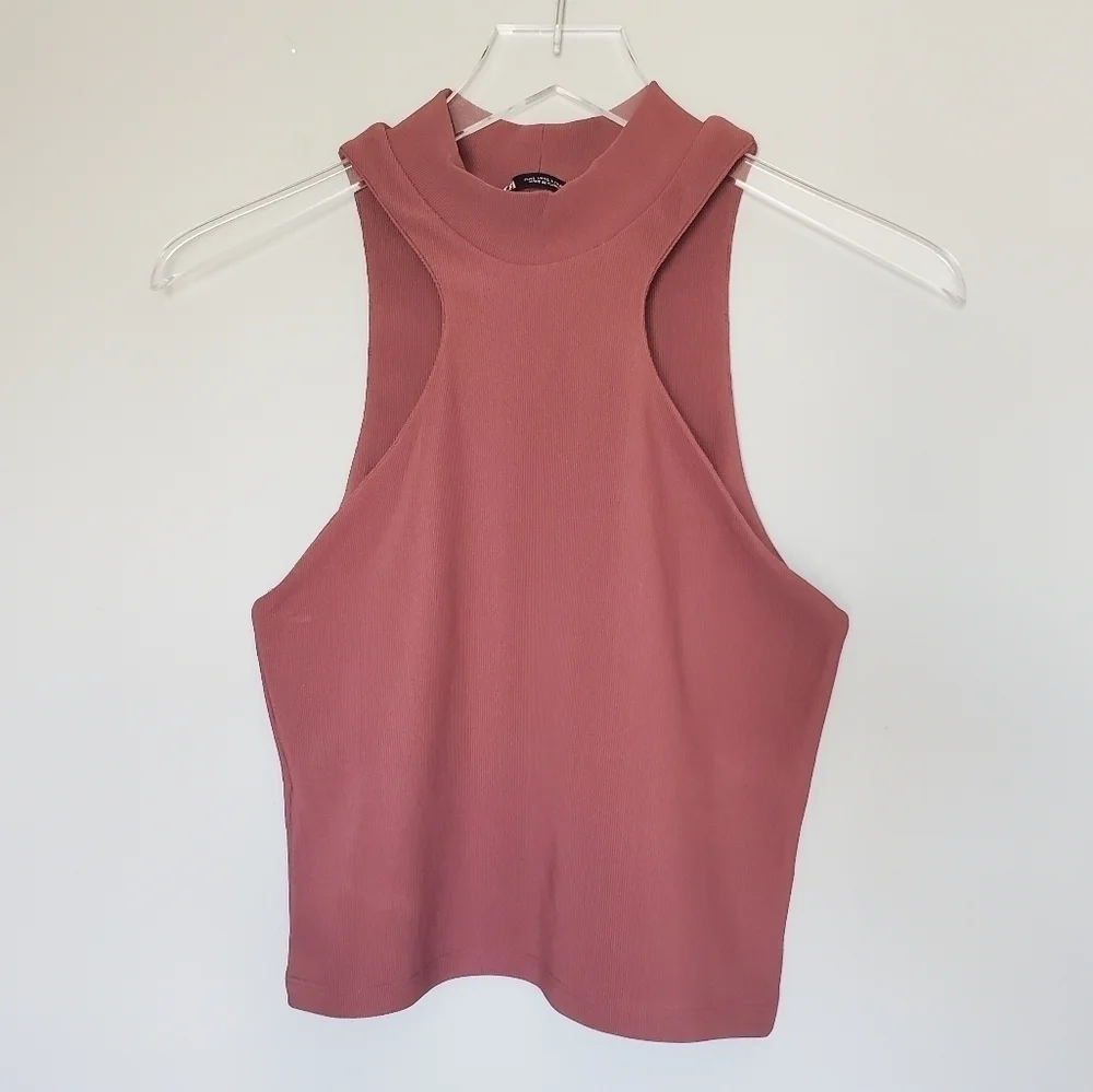ZARA Ribbed Halter Top Large Brown Cropped